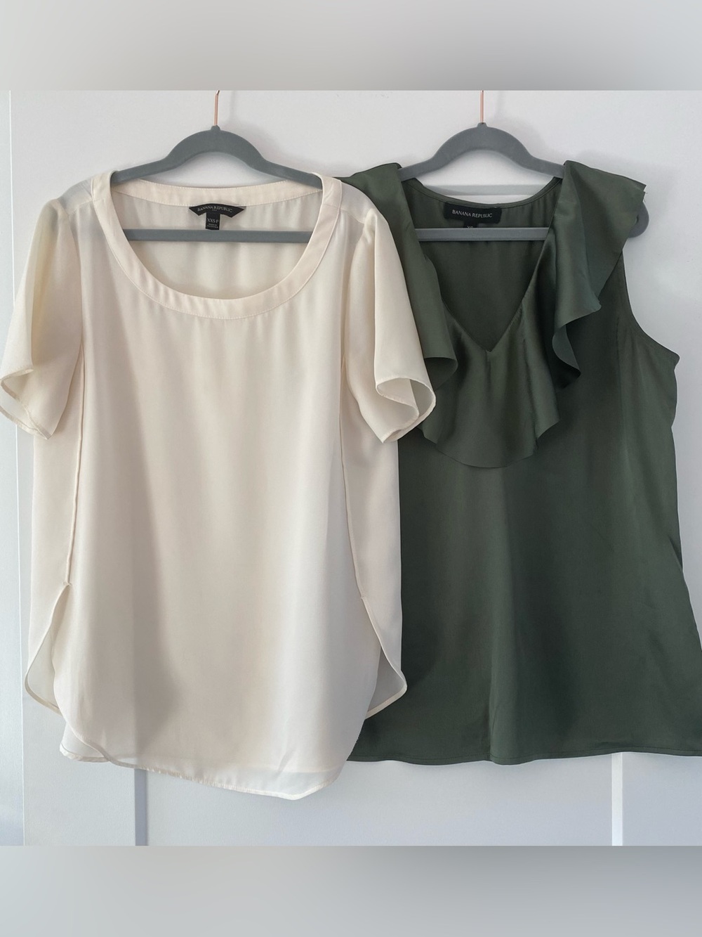 Banana Republic Cream Blouse & Olive Green Ruffle Shell Duo